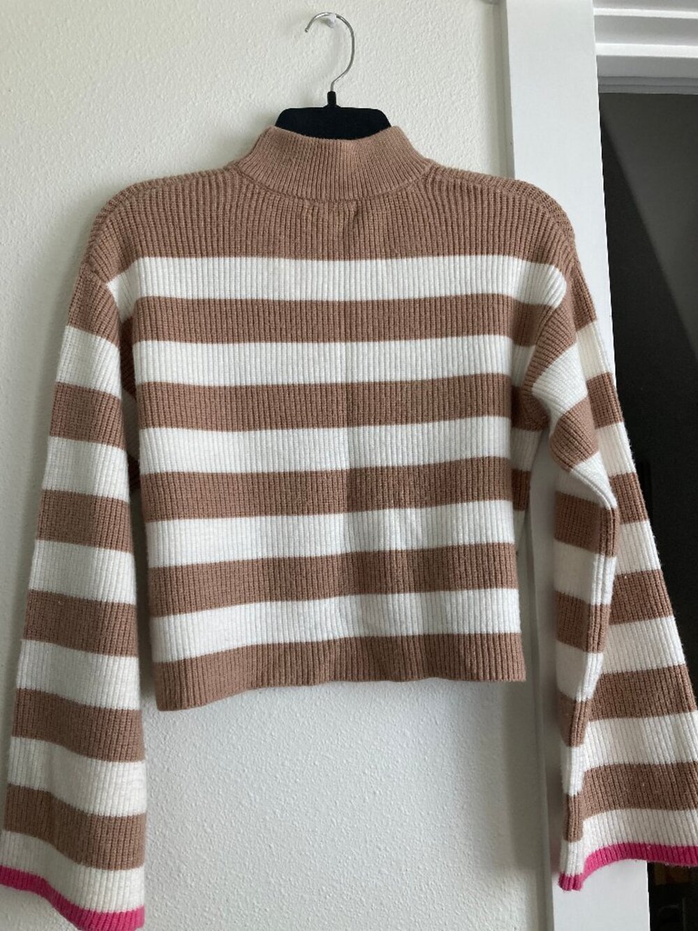 Tan and White Striped Cropped Sweater with Pink Cuffs